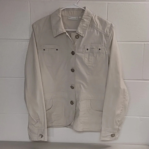 Kulu B Safari Shirt Shacket Fitted Cotton Stretch Palm Tree Buttons Small - Picture 13 of 13